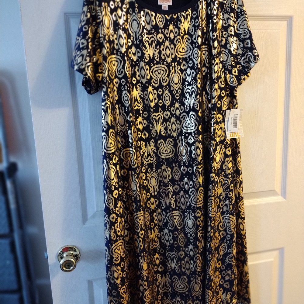 LuLaRoe Carly dress, navy blue and gold foil